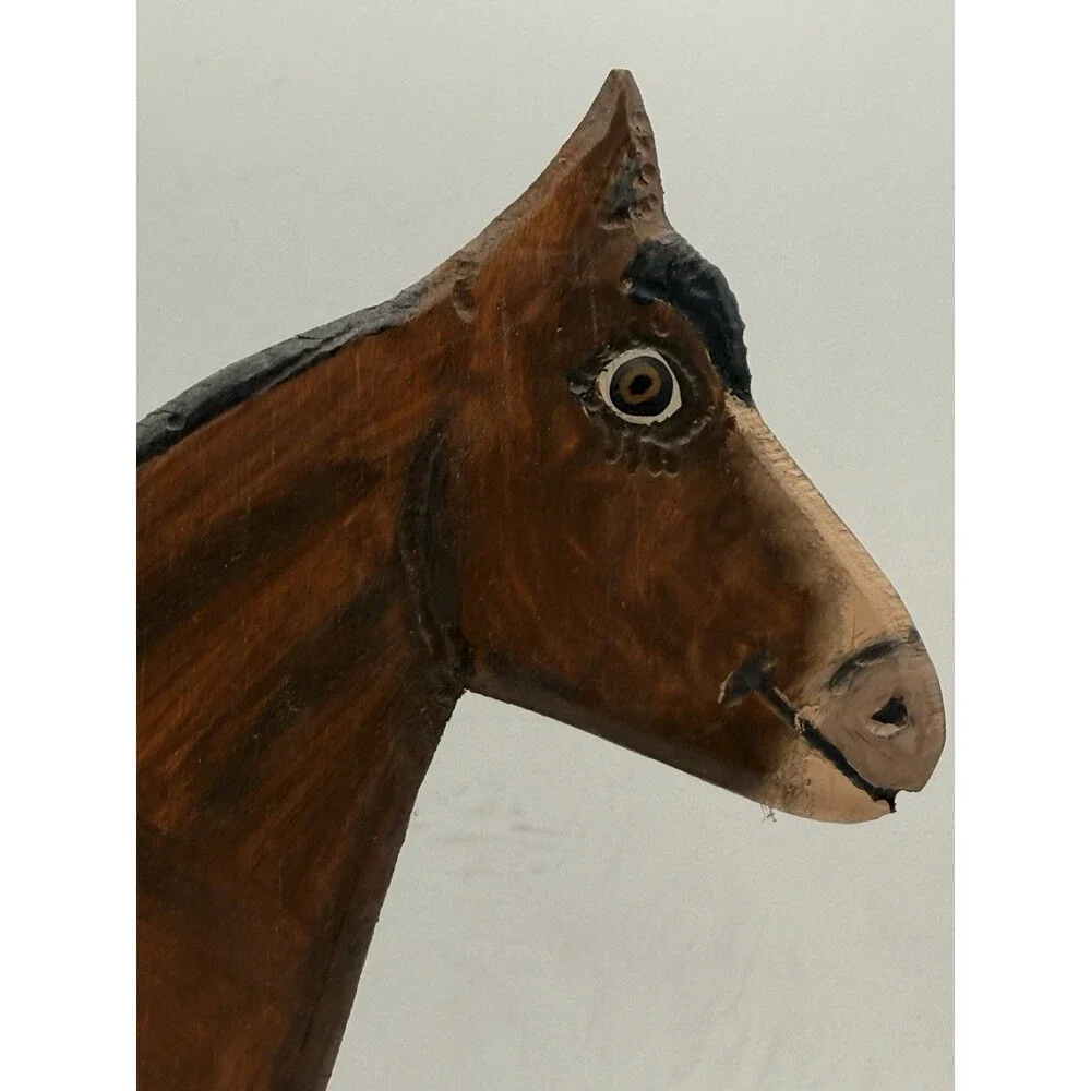 Vintage 1989 Menno Shirk Folk Art Wood Carved Brown Horse 9.5” w/ Signed Base